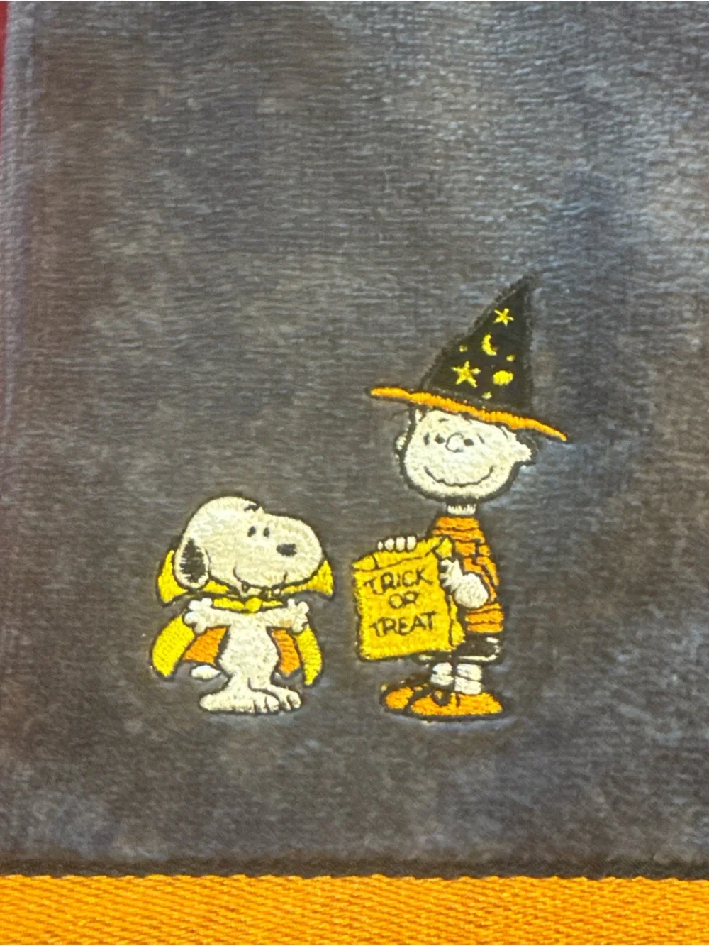 Peanuts Gray Hand Towel with Yellow Trim and Halloween Embroidery